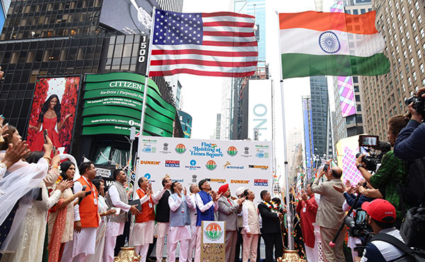 Tri-Color unfurled at Times Square, New York for the fifth annual flag hoisting